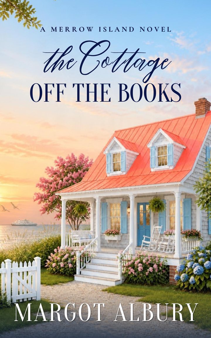 Cover of The Cottage Off the Books: a gray-shingled cottage with a coral roof, blue shutters and a white porch at sunset, with a ferry on the water behind it.